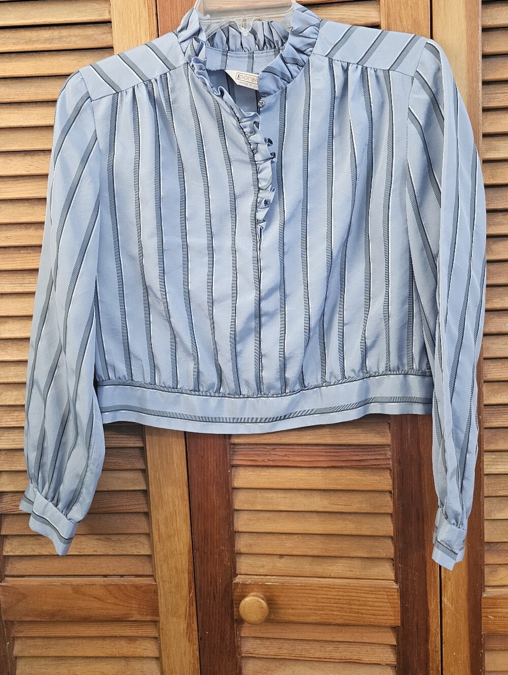 Vintage Porsha Light Blue Ruffled Bib Blouse | Vertical Stripe 2-Button Placket